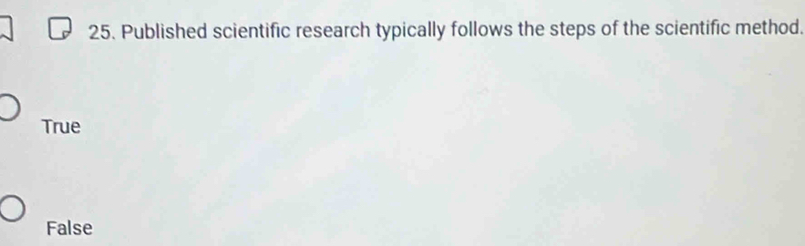 Published scientific research typically follows the steps of the scientific method.
True
False