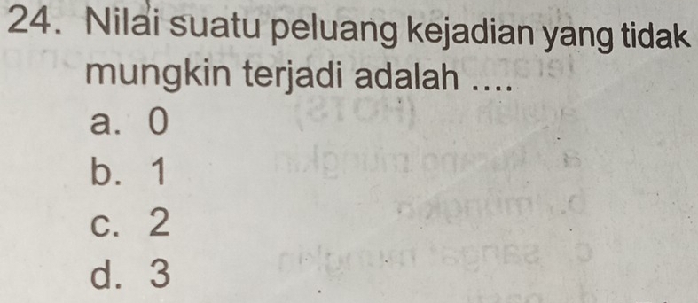 Nilai suatu peluang kejadian yang tidak
mungkin terjadi adalah ....
a⩾ 0
b. 1
c. 2
d. 3