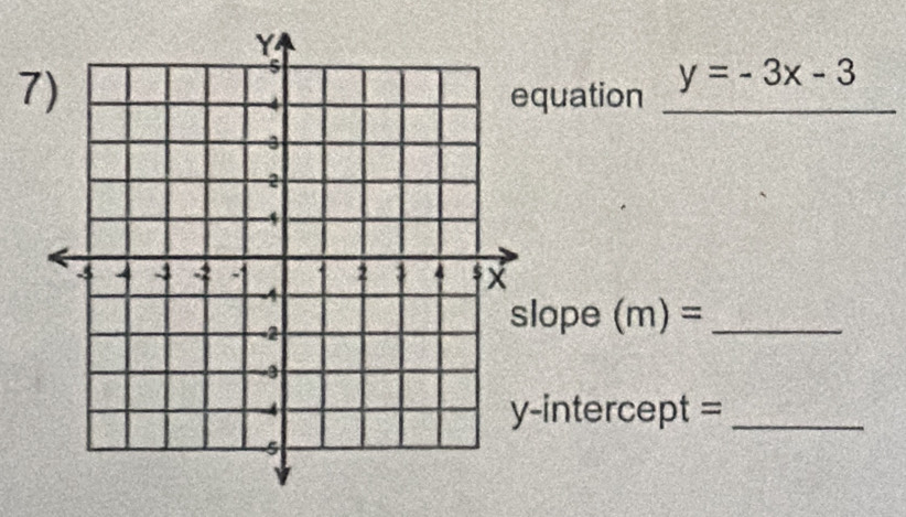 quation _ y=-3x-3
lope (m)= _ 
-intercept =_