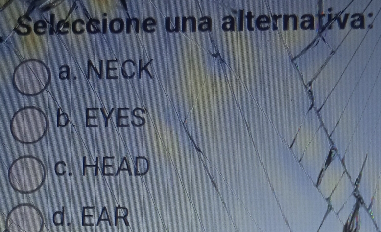 Seleccione una alternativa:
a. NECK
b. EYES
c. HEAD
d. EAR