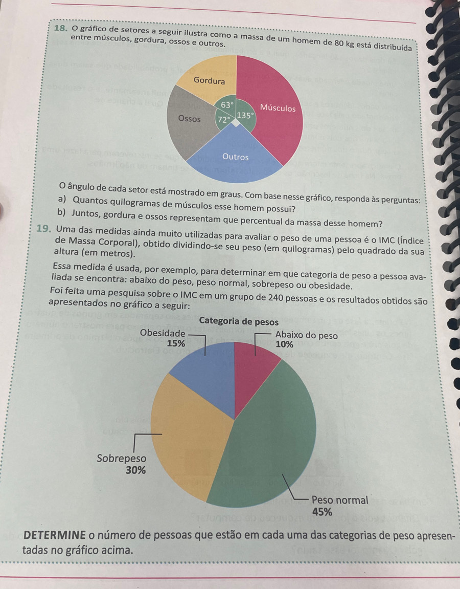 gráfico de setores a seguir ilustra como a massa de um homem de 80 kg está distribuída
entre músculos, gordura, ossos e outros.
O ângulo de cada setor está mostrado em graus. Com base nesse gráfico, responda às perguntas:
a) Quantos quilogramas de músculos esse homem possui?
b) Juntos, gordura e ossos representam que percentual da massa desse homem?
19. Uma das medidas ainda muito utilizadas para avaliar o peso de uma pessoa é o IMC (Índice
de Massa Corporal), obtido dividindo-se seu peso (em quilogramas) pelo quadrado da sua
altura (em metros).
Essa medida é usada, por exemplo, para determinar em que categoria de peso a pessoa ava-
liada se encontra: abaixo do peso, peso normal, sobrepeso ou obesidade.
Foi feita uma pesquisa sobre o IMC em um grupo de 240 pessoas e os resultados obtidos são
apresentados no gráfico a seguir:
DETERMINE o número de pessoas que estão em cada uma das categorias de peso apresen-
tadas no gráfico acima.