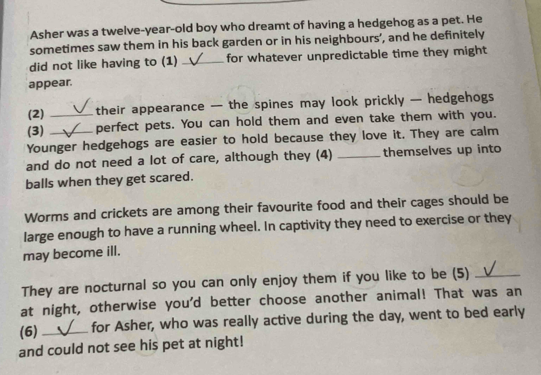 Asher was a twelve-year-old boy who dreamt of having a hedgehog as a pet. He 
sometimes saw them in his back garden or in his neighbours’, and he definitely 
did not like having to (1) _for whatever unpredictable time they might 
appear. 
(2) their appearance — the spines may look prickly — hedgehogs 
(3) __perfect pets. You can hold them and even take them with you. 
Younger hedgehogs are easier to hold because they love it. They are calm 
and do not need a lot of care, although they (4) _themselves up into 
balls when they get scared. 
Worms and crickets are among their favourite food and their cages should be 
large enough to have a running wheel. In captivity they need to exercise or they 
may become ill. 
They are nocturnal so you can only enjoy them if you like to be (5)_ 
at night, otherwise you'd better choose another animal! That was an 
(6) _for Asher, who was really active during the day, went to bed early 
and could not see his pet at night!