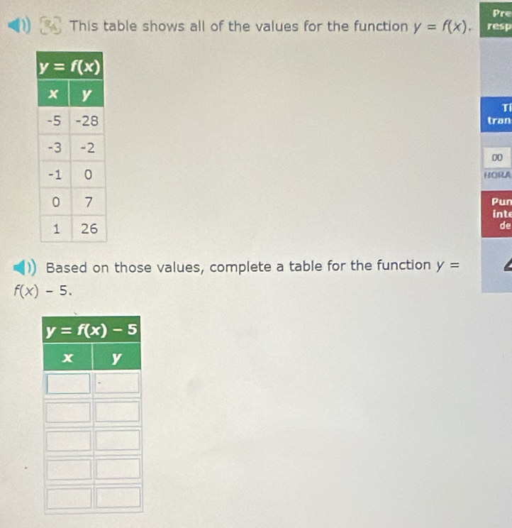 Pre
This table shows all of the values for the function y=f(x). resp
Tỉ
tran
00
HORA
Pun
inte
de
Based on those values, complete a table for the function y=
f(x)-5.