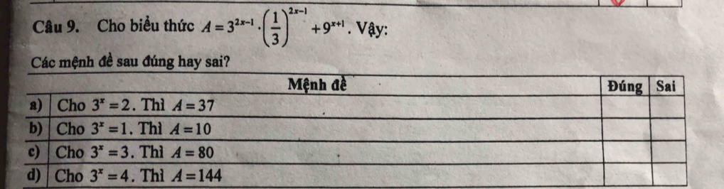 Cho biểu thức A=3^(2x-1)· ( 1/3 )^2x-1+9^(x+1). Vậy:
Các mệnh đề sau đúng hay sai?