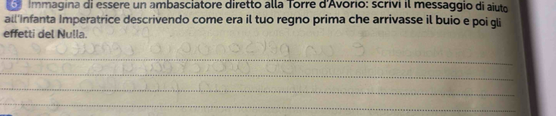 Immagina di essere un ambasciatore diretto alla Torre d'Avório: scrivi il messaggio di aiuto 
all 'Infanta Imperatrice descrivendo come era il tuo regno prima che arrivasse il buio e poi gli 
effetti del Nulla. 
_ 
_ 
_ 
_