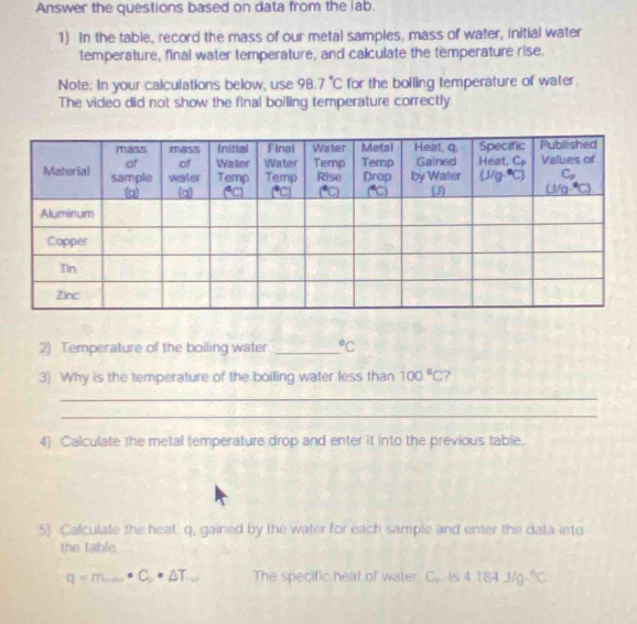 Answer the questions based on data from the lab.
1) In the table, record the mass of our metal samples, mass of water, initial water
temperature, final water temperature, and calculate the temperature rise.
Note: In your calculations below, use 98.7°C for the bolling temperature of water.
The video did not show the final boiling temperature correctly
2) Temperature of the boiling water _°C
3) Why is the temperature of the boiling water less than 100°C 7
_
_
4) Calculate the metal temperature drop and enter it into the previous table.
5) Calculate the heal, q, gained by the water for each sample and enter the data into
the table.
q=momega · C_p· △ T The specific heat of water. C.. is 4.184J/g.^circ C