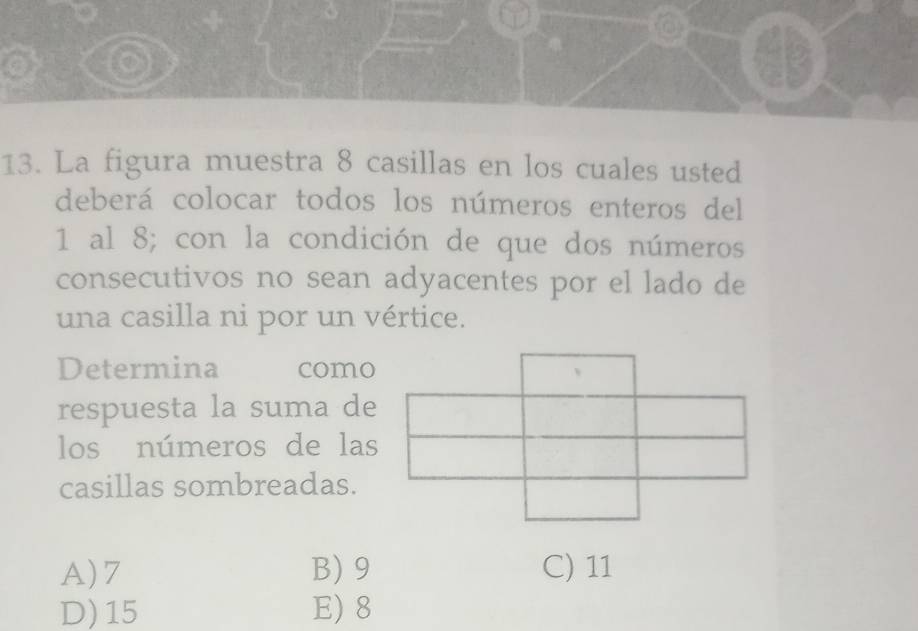 La figura muestra 8 casillas en los cuales usted
deberá colocar todos los números enteros del
1 al 8; con la condición de que dos números
consecutivos no sean adyacentes por el lado de
una casilla ni por un vértice.
Determina como
respuesta la suma de
los números de las
casillas sombreadas.
A) 7 B) 9 C) 11
D) 15 E) 8