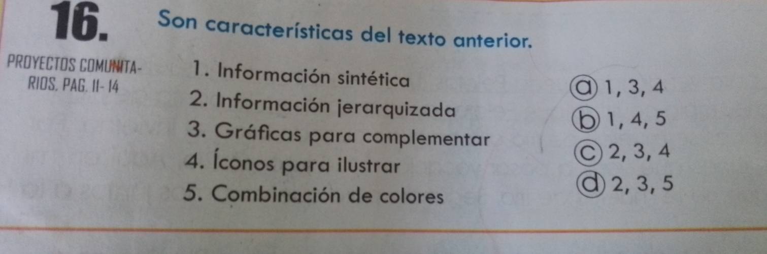 Son características del texto anterior.
PROYECTOS COMUNITA- 1. Información sintética
RIOS, PAG. I1- 14 α1, 3, 4
2. Información jerarquizada
b1, 4, 5
3. Gráficas para complementar
C2, 3, 4
4. Íconos para ilustrar
5. Combinación de colores
ª2, 3, 5