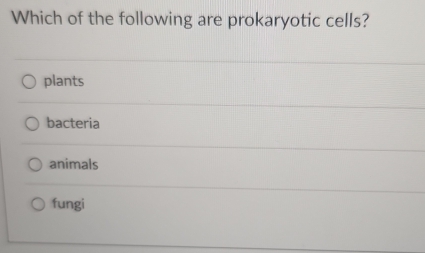 Which of the following are prokaryotic cells?
plants
bacteria
animals
fungi