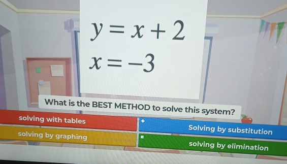 y=x+2
x=-3
What is the BEST METHOD to solve this system?
solving with tables Solving by substitution
.
solving by graphing solving by elimination