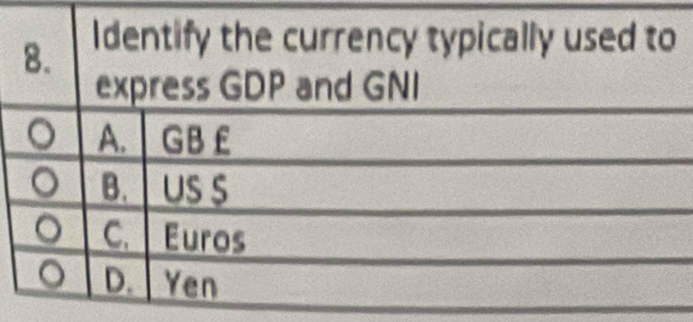 Identify the currency typically used to
express GDP and GNI
。 A. GB £
B. US $
C. Euros
D. Yen