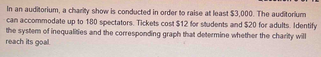 In an auditorium, a charity show is conducted in order to raise at least $3,000. The auditorium 
can accommodate up to 180 spectators. Tickets cost $12 for students and $20 for adults. Identify 
the system of inequalities and the corresponding graph that determine whether the charity will 
reach its goal.