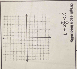 Graph each inequality.
y> 3/4 x+1