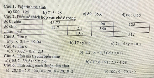 Cầu 1. Đặt tính rồi tính 
a) 800:125 b) 715:25 c) 89:35,6 d) 66:0,55
Câu 2. Điền số thích hợp vào chỗ ô trố 
a) y* 3,4=19,04 b) 17:y=8 c) 24,15:y=10,5
Cầu 4. Tìm x
a) x-3,02=0,8:2,5
b) 
Cầu 5. Tính giá trị của biểu thức 1,2:x=1,7(dur0,01)
a) (65,7-39,8):5* 2,6 b) (17,8+9):2,5-4,69
Câu 6. Tính bằng cách thuận tiện nhất 
a) 20,18* 7,5/ 20, 18+20, 18+20, 18:2 b) 100:9-79, 3:9