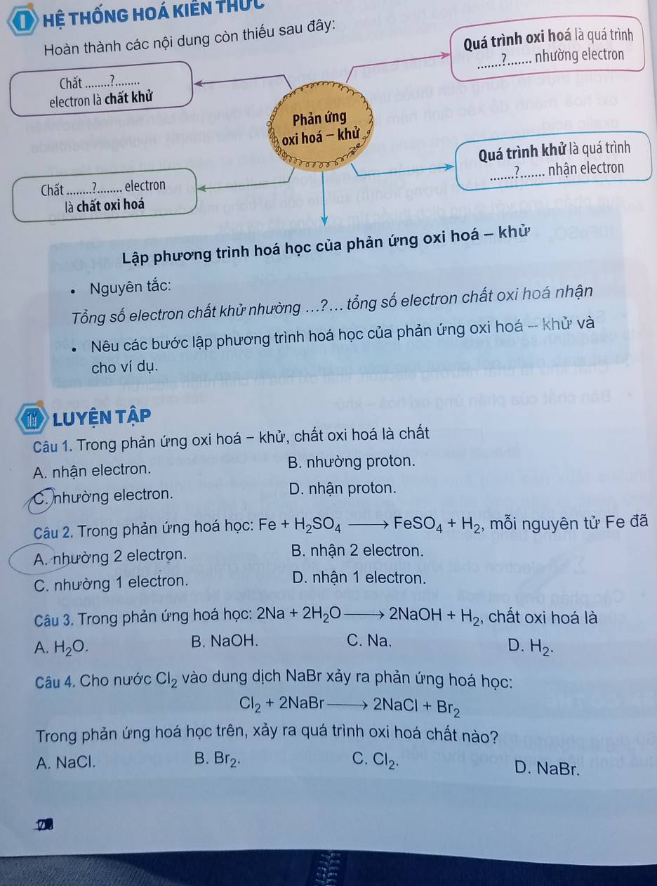 hệ thống hoá kiến thức
Quá trình oxi hoá là quá trình
Hoàn thành các nội dung còn thiếu sau đây:
_1 nhường electron
Chất_ 7_
electron là chất khử
Phản ứng
oxi hoá - khử
Quá trình khử là quá trình
Chất_ 7_  electron __nhận electron
là chất oxi hoá
Lập phương trình hoá học của phản ứng oxi hoá - khử
。 Nguyên tắc:
Tổng số electron chất khử nhường ...?... tổng số electron chất oxi hoá nhận
Nêu các bước lập phương trình hoá học của phản ứng oxi hoá -- khử và
cho ví dụ.
LUyện Tập
Câu 1. Trong phản ứng oxi hoá - khử, chất oxi hoá là chất
A. nhận electron. B. nhường proton.
C. nhường electron.
D. nhận proton.
Câu 2. Trong phản ứng hoá học: Fe+H_2SO_4to FeSO_4+H_2 , mỗi nguyên tử Fe đã
A. nhường 2 electron. B. nhận 2 electron.
C. nhường 1 electron. D. nhận 1 electron.
Câu 3. Trong phản ứng hoá học: 2Na+2H_2Oto 2NaOH+H_2 , chất oxi hoá là
A. H_2O. B. NaOH. C. Na.
D. H_2.
Câu 4. Cho nước Cl_2 vào dung dịch NaBr xảy ra phản ứng hoá học:
Cl_2+2NaBrto 2NaCl+Br_2
Trong phản ứng hoá học trên, xảy ra quá trình oxi hoá chất nào?
A. NaCl. B. Br_2. C. Cl_2.
D. NaBr.
7