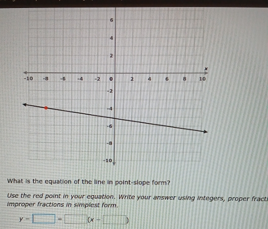 What is the equation of the line in point-slope form? 
Use the red point in your equation. Write your answer using integers, proper fracti 
improper fractions in simplest form.
y-□ =□ beginpmatrix x-□ endpmatrix