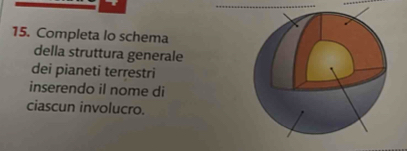 Completa lo schema 
della struttura generale 
dei pianeti terrestri 
inserendo il nome di 
ciascun involucro.