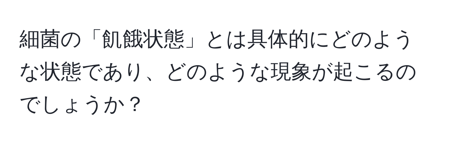 細菌の「飢餓状態」とは具体的にどのような状態であり、どのような現象が起こるのでしょうか？