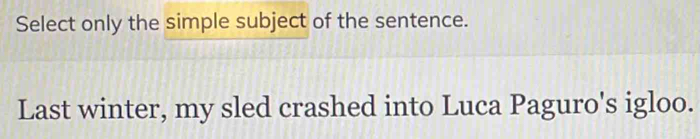 Select only the simple subject of the sentence. 
Last winter, my sled crashed into Luca Paguro's igloo.