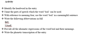 Solved: Activity Identify the headword in the entry. Name the parts of ...