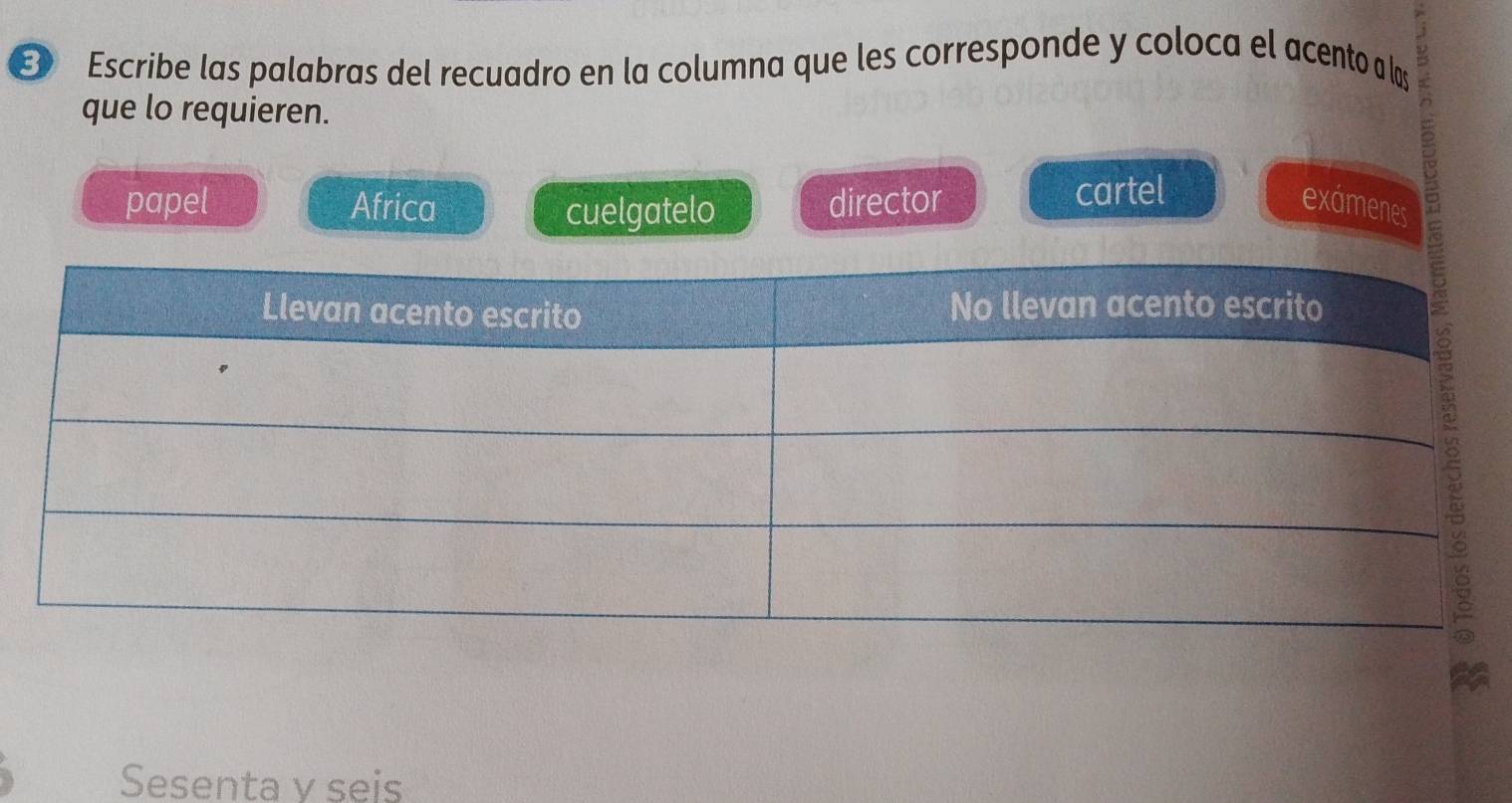 Escribe las palabras del recuadro en la columna que les corresponde y coloca el acento a las 
que lo requieren. 
papel Africa cuelgatelo director cartel exámenes 
Sesenta y seis