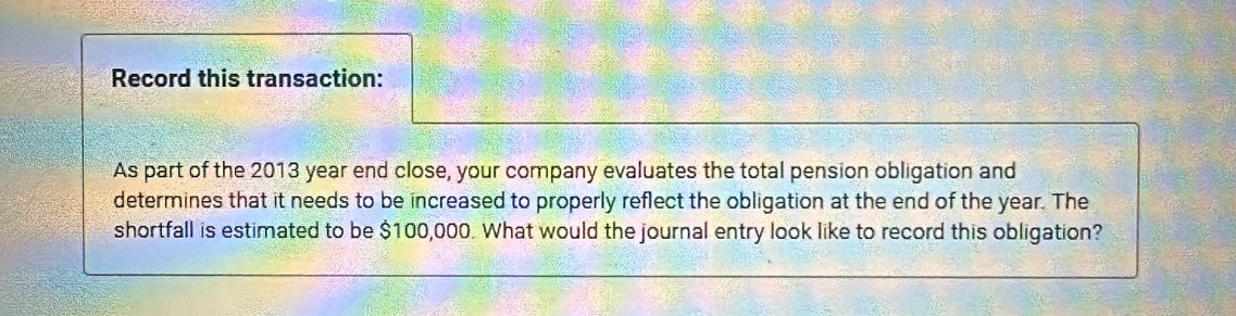 Record this transaction: 
As part of the 2013 year end close, your company evaluates the total pension obligation and 
determines that it needs to be increased to properly reflect the obligation at the end of the year. The 
shortfall is estimated to be $100,000. What would the journal entry look like to record this obligation?