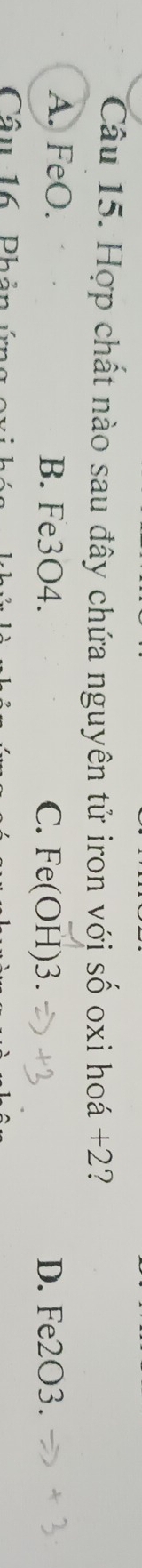 Hợp chất nào sau đây chứa nguyên tử iron với số oxi hoá +2?
A. FeO. B. Fe3O4. C. Fe(OH)3. D. Fe2O3.
Câu 16 Phản ứng oxi h