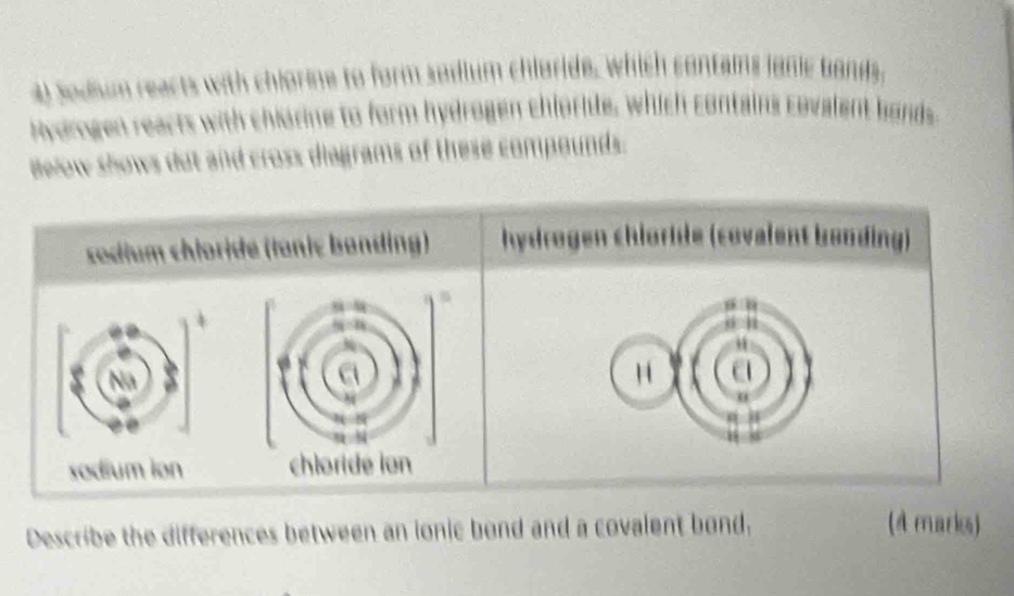 a Sodium reacts with chlorine to form sedium chloride, which contains lanic bands, 
Nydrgen reacts with chiorine to form hydrogen chiorite, which contains covalent honds 
Below shows dot and cross diagrams of these compounds. 
sodium chloride (laniɛ banding) hydrogen chloride (covalent bonding) 
4 
. 
Na 
H 

. 
sodium ion 
Describe the differences between an ionic bond and a covalent bond, 
(d marks)