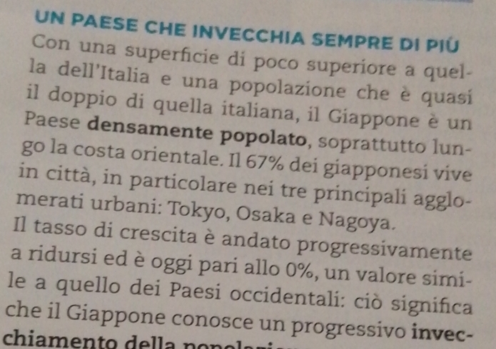 UN PAESE CHE INVECCHIA SEMPRE DI PIÚ 
Con una superficie di poco superiore a quel- 
la dell'Italia e una popolazione che è quasí 
il doppio di quella italiana, il Giappone è un 
Paese densamente popolato, soprattutto lun- 
go la costa orientale. Il 67% dei giapponesi vive 
in città, in particolare nei tre principali agglo- 
merati urbani: Tokyo, Osaka e Nagoya. 
Il tasso di crescita è andato progressivamente 
a ridursi ed è oggi pari allo 0%, un valore simi- 
le a quello dei Paesi occidentali: ciò significa 
che il Giappone conosce un progressivo invec- 
chiamento de lla n o n ol s