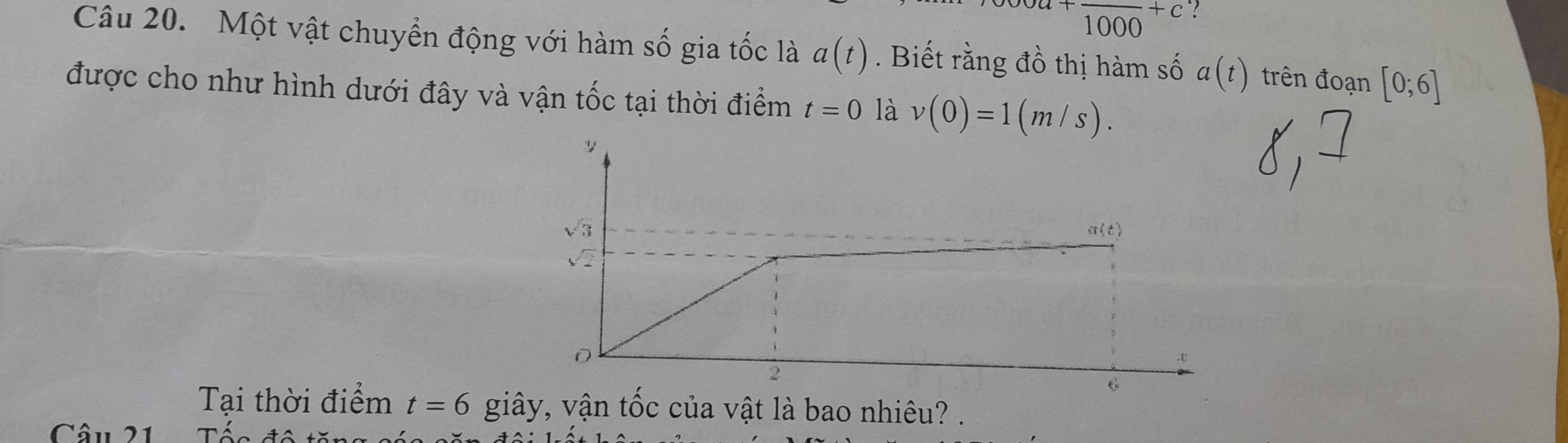 +frac 1000+C ! 
Câu 20. Một vật chuyển động với hàm số gia tốc là a(t). Biết rằng đồ thị hàm số a(t) trên đoạn [0;6]
được cho như hình dưới đây và vận tốc tại thời điểm t=0 là v(0)=1(m/s).
y
sqrt(3)
m(t)
D
x
2
Tại thời điểm t=6 giây, vận tốc của vật là bao nhiêu? . 
Câu 21