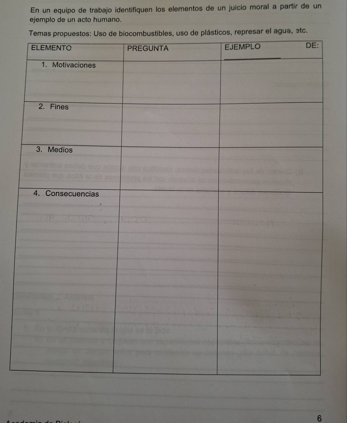 En un equipo de trabajo identifiquen los elementos de un juicio moral a partir de un 
ejemplo de un acto humano. 
e plásticos, represar el agua, etc. 
6