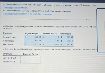 Callculate the total wages earned for each hourly employee assuming an overtime rate of 1.5 over 40 hours
View the payroll information. 
b. Calculate the total biweekly earnings of these newly hired salared employees 
View the payroll information of the newly hired employees 
a. Calculate the total wages eamed for each hourly employee assuming an overtime rate of 1.5 over 40 hours
as needed ) 
b. Calculate the total biweekly earnings of these newly hired salaried employees. (Enter amounts to the neares 
Employee Biweeklly Salary 
Dave Bothwell 
Brigit Klecan