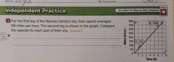 Name _My Homework_ 
eHelp 
Independent Practice Go online for Step-by-Step Solutions 
For the first leg of the Ramírez family's trip, their speed averages
68 miles per hour. The second leg is shown in the graph. Compare 
the speeds for each part of their trip. (Example 1) 
Show your 

_5 
_ 
Time (h)