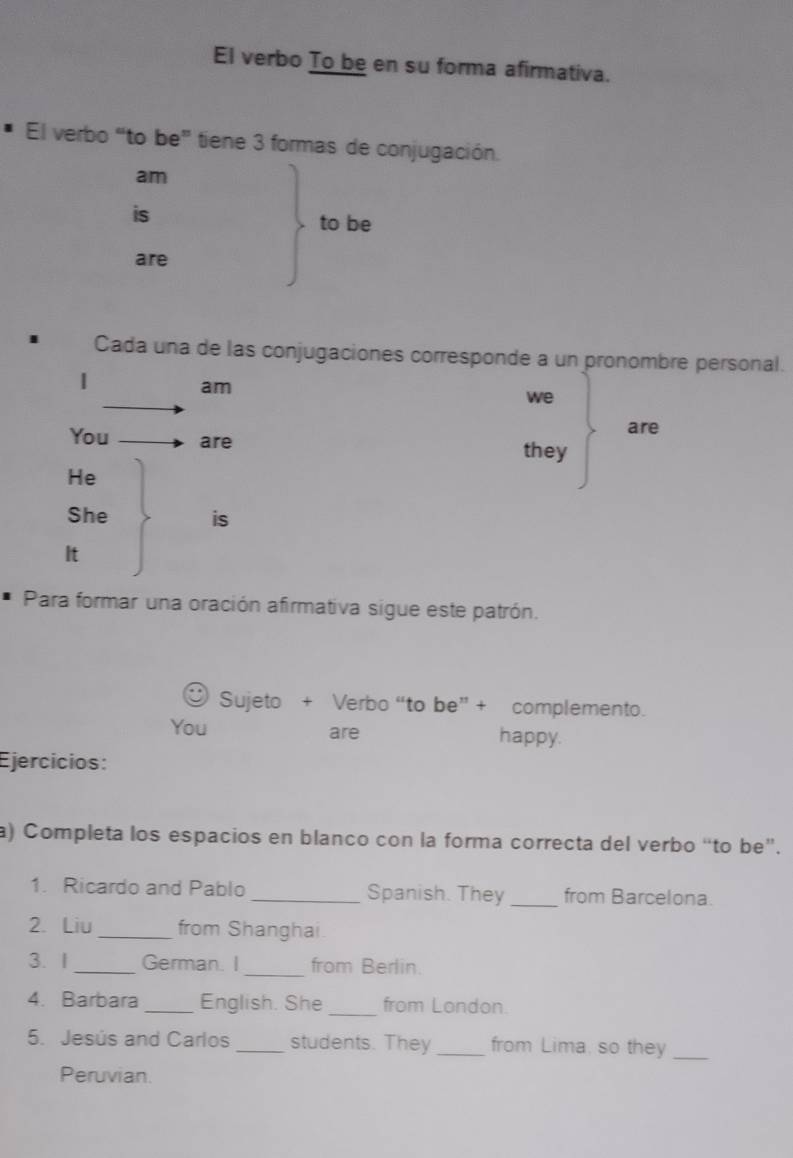 El verbo To be en su forma afirmativa.
El verbo “to be” tiene 3 formas de conjugación.
am
is to be
are
Cada una de las conjugaciones corresponde a un pronombre personal.
|
am
we
are
You are they
He
She is
It
Para formar una oración afirmativa sigue este patrón.
Sujeto + Verbo “to be” + complemento.
You are happy.
Ejercicios:
a) Completa los espacios en blanco con la forma correcta del verbo “to be”.
1. Ricardo and Pablo _Spanish. They _from Barcelona.
2. Liu_ from Shanghai
3. 1 _German. I _from Berlin.
4. Barbara _English. She _from London.
5. Jesús and Carlos _students. They _from Lima. so they_
Peruvian.