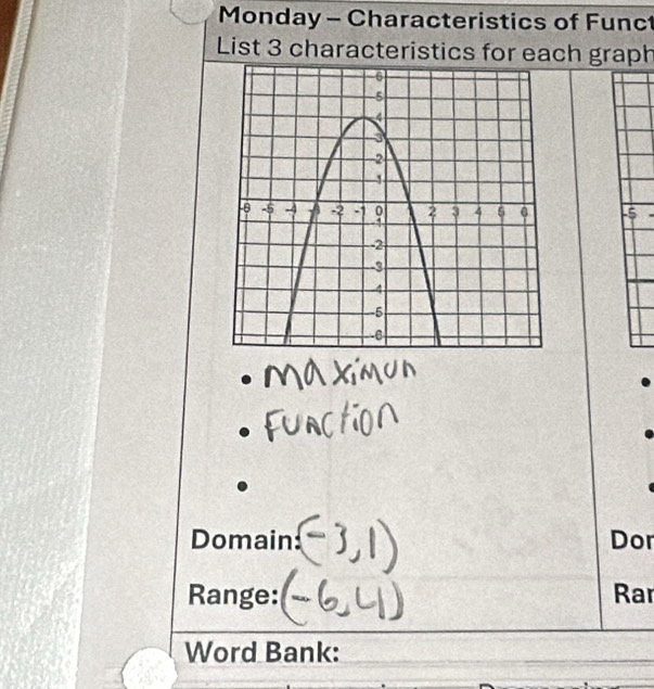 Monday - Characteristics of Func 
List 3 characteristics for each graph
-5
Domain: Dor 
Range: Rar 
Word Bank: