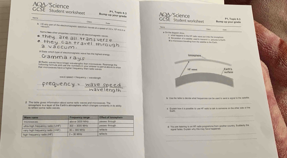 AQA Science AQA Science
P1, Topic 6.3
GCSE Student worksheet Bump up your grade GCSE Student worksheet P1, Topic 6.3
Name_ __Bump up your grade
Class Date
vacuum are
b I Every part of the electromagnetic spectrum travels at a speed of 3.0* 10^4, m/s in a a On the diagram show. _Class _Dafe_
_
Name two other properties common to all electromagnetic waves. i what happens to the HF radio wave as it hits the ionosphere 
_
W the position of a satellite used to transmit t.v. pictures to Earth
ill a microwave travelling from the satellite to the Earth.
_
_ac.cu
_
II State which type of electromagnetic wave has the highest energy.
iI Radio waves have longer wavelengths than microwaves. Rearrange the 
following formula and use the numbers in your answer to part a above to show 
that microwaves have a higher frequency than radio waves 
wave speed = frequency × wavellength
_
_
_
_
b Use the table to decide what frequencies can be used to send a signal to the satellite.
2 The table gives information about some radio waves and microwaves. The_
ionosphere is a layer of the Earth's atmosphere which changes constantly in its ability
to reflect some radio waves c Explain how it is possible to use HF radio to talk to someone on the other side of the
_
_
d You are listening to an HF radio programme from another country. Suddenly the
signal fades. Explain why this may have happened
_
_