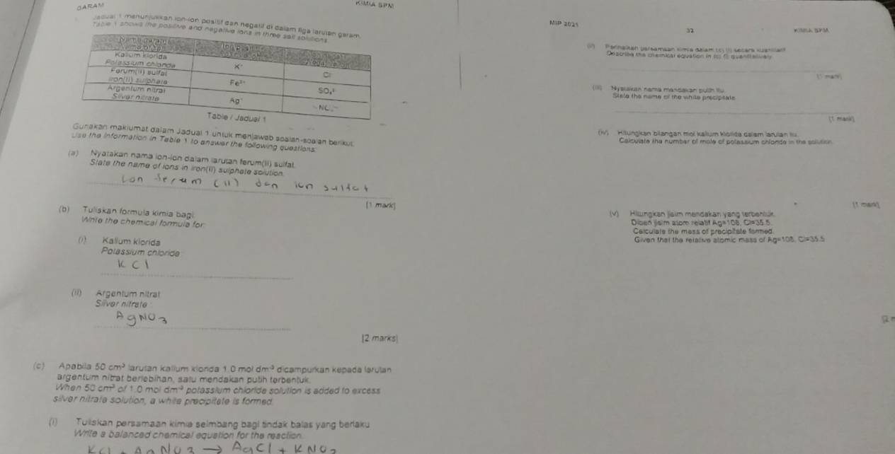 CARAM
acual I menunjuscan ion-ion posist dan negalit di dalam liga
MMP 202° 32
t the I shows the positive and negativ
(1)  Pennalan persamsan kimca delam tc; (1) sesera kuahllan
Descrise the plemical equation in t Crquentatican
_
 → .
(iii  Nyslakuan nama mandakan puh tu
Stale the name of the while precipsate
_
(t mank)
I)  Hitunckan błangan moi kalium Kollića Galem larulan Iu
akan makiumat dajam Jadual 1 unlük menjaweb soäian-soalán berikus
Calqulate the number of mole of polessum cnlonde in the solltion
Use the information in Table 1 to answer the following questions
(a) Nyatakan nama ion-ion daiam larulan ferum(II) sulfat
State the name of ions in iron(II) sulphete solution
_
[1 mark] (1 man)
(b) Tuliskan formula kimia bagi (v) Hilungkan jiaim mendakan yang terbehluk
Winte the chemical formula for
Diben jisim asom relatif Ag#108, Cl=35.5
Celculate the mass of pracipitate formed
() Kalium kiorida Given that the relative alomic mass of Ag=108, Ci=35.5
Polassium chloride
_
(il) Argentum nitrat
Silver nifrate
_
[2 marks
(c) Apabila 50cm^2 larutan kallum klonda 1.0 mol dm^3 dicampurkan kepada larulan
argentum nitrat beriebihan, salu mendakan puth terbentuk.
When 50 cm^3 of 1:0 mol dm^(-2) potassium chioride solution is added to excess
silver nitrate solution, a white precipitate is formed
(1) Tuliskan persamaan kimia selmbang bagl tindak balas yang berlaku
Write a balanced chamical equation for the reaction.