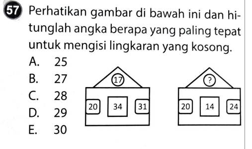 Perhatikan gambar di bawah ini dan hi-
tunglah angka berapa yang paling tepat
untuk mengisi lingkaran yang kosong.
A. 25
B. 27 1 0
C. 28
D. 29 20 34 31 20 14 24
E. 30