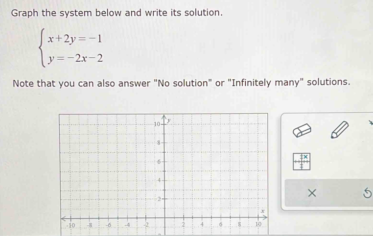 Graph the system below and write its solution.
beginarrayl x+2y=-1 y=-2x-2endarray.
Note that you can also answer "No solution" or "Infinitely many" solutions. 
. 
×