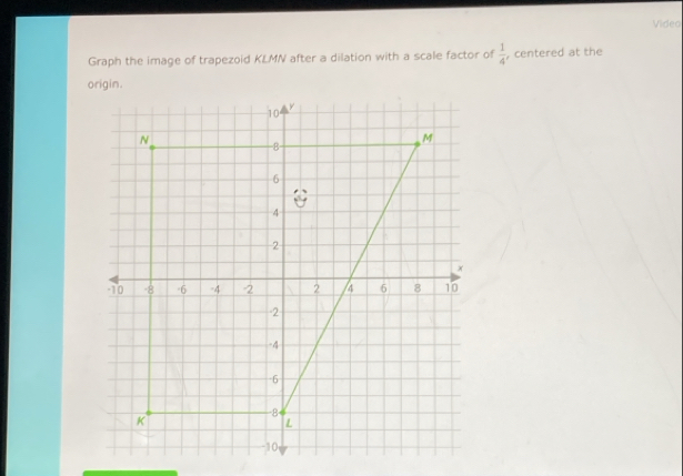 Video 
Graph the image of trapezoid KLMN after a dilation with a scale factor of  1/4  , centered at the