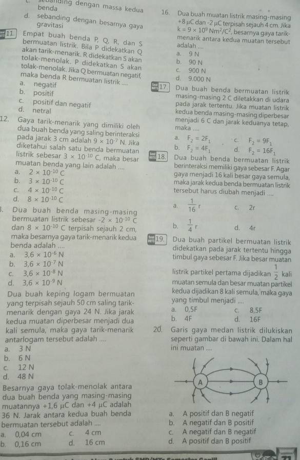 debanding dengan massa kedua
benda 16. Dua buah muatan listrik masing-masing
+8 μC dan -2 μC terpisah sejauh 4 cm. Jika
gravitasi
d. sebanding dengan besarnya gaya k=9* 10^9Nm^2/C^2 ', besarnya gaya tarik-
11. Empat buah benda P, Q, R, dan S adalah ...
menarik antara kedua muatan tersebut
bermuatan listrik. Bila P didekatkan Q a. 9 N
akan tarik-menarik. R didekatkan S akan
tolak-menolak. P didekatkan S akan c. 900 N b. 90 N
tolak-menolak. Jika Q bermuatan negatif, d. 9.000 N
maka benda R bermuatan listrik .... 17
a. negatif Dua buah benda bermuatan listrik
b. positif masing-masing 2 C diletakkan di udara
pada jarak tertentu. Jika muatan listrik
c. positif dan negatif kedua benda masing-masing diperbesar
d. netral
menjadi 6 C dan jarak keduanya tetap.
12. Gaya tarik-menarik yang dimiliki oleh maka ....
dua buah benda yang saling berinteraksi a.
pada jarak 3 cm adalah 9* 10^(-7)N Jika F_2=2F_1 C. F_2=9F_1
diketahui salah satu benda bermuatan b. F_2=4F_1 d. F_2=16F_1
listrik sebesar 3* 10^(-10)C maka besar 18. Dua buah benda bermuatan listrik
muatan benda yang lain adalah .... berinteraksi memiliki gaya sebesar F. Agar
a. 2* 10^(-10)C gaya menjadi 16 kali besar gaya semula,
maka jarak kedua benda bermuatan listrik
b. 3* 10^(-10)C tersebut harus diubah menjadi ....
C. 4* 10^(-10)C
d. 8* 10^(-10)C
a.
3. Dua buah benda masing-masing  1/16 r c. 2r
bermuatan listrik sebesar -2* 10^(-10)C
dan 8* 10^(-10)C terpisah sejauh 2 cm, b.  1/4 r d。 4r
maka besarnya gaya tarik-menarik kedua 19. Dua buah partikel bermuatan listrik
benda adalah .... didekatkan pada jarak tertentu hingga
a. 3.6* 10^(-6)N timbul gaya sebesar F. Jika besar muatan
b. 3,6* 10^(-7)N
C. 3.6* 10^(-8)N listrik partikel pertama dijadikan  1/2  kali
d. 3,6* 10^(-9)N muatan semula dan besar muatan partikel
Dua buah keping logam bermuatan kedua dijadikan 8 kali semula, maka gaya
yang terpisah sejauh 50 cm saling tarik- yang timbul menjadi ....
menarik dengan gaya 24 N. Jika jarak a. 0,5F c. 8,5F
kedua muatan diperbesar menjadi dua b. 4F d. 16F
kali semula, maka gaya tarik-menarik 20. Garis gaya medan listrik dilukiskan
antarlogam tersebut adalah .... seperti gambar di bawah ini. Dalam hal
a. 3 N ini muatan ....
b. 6 N
c. 12 N
d. 48 N
Besarnya gaya tolak-menolak antara
dua buah benda yang masing-masing
muatannya +1,6 μC dan +4 µC adalah
36 N. Jarak antara kedua buah benda a. A positif dan B negatif
bermuatan tersebut adalah .... b. A negatif dan B positif
a. 0,04 cm c. 4 cm c. A negatif dan B negatif
b. 0,16 cm d. 16 cm d. A positif dan B positif