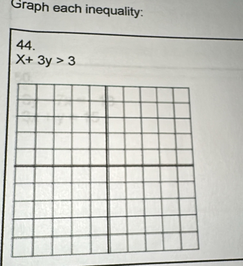 Graph each inequality: 
44.
X+3y>3