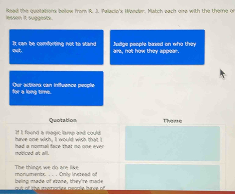 Read the quotations below from R. J. Palacio's Wonder. Match each one with the theme or 
lesson it suggests. 
It can be comforting not to stand Judge people based on who they 
out. are, not how they appear. 
Our actions can influence people 
for a long time. 
Quotation Theme 
If I found a magic lamp and could 
have one wish, I would wish that I 
had a normal face that no one ever . 
noticed at all. 
The things we do are like 
monuments. . . . Only instead of 
being made of stone, they're made 
out of the memories people have of .