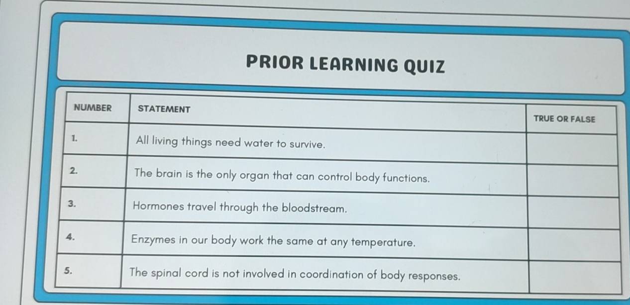 PRIOR LEARNING QUIZ