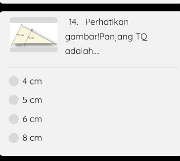 Perhatikan
gambar!Panjang TQ
adalah....
4 cm
5 cm
6 cm
8 cm