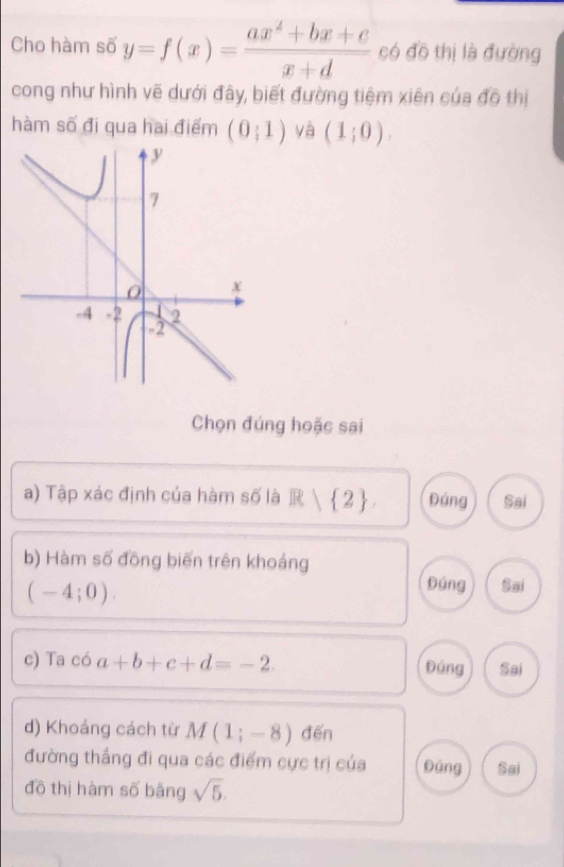 Cho hàm số y=f(x)= (ax^2+bx+c)/x+d  có đồ thị là đường
cong như hình vẽ dưới đây, biết đường tiệm xiên của đồ thị
hàm số đi qua hai điểm (0;1) yà (1;0). 
Chọn đúng hoặc sai
a) Tập xác định của hàm số là  2. Đáng Sai
b) Hàm số đồng biến trên khoảng
(-4;0).
Đúng Sai
c) Ta có a+b+c+d=-2. Đáng Sai
d) Khoảng cách từ M(1;-8) đến
đường thắng đi qua các điểm cực trị của Đúng Sai
đồ thị hàm số bǎng sqrt(5).