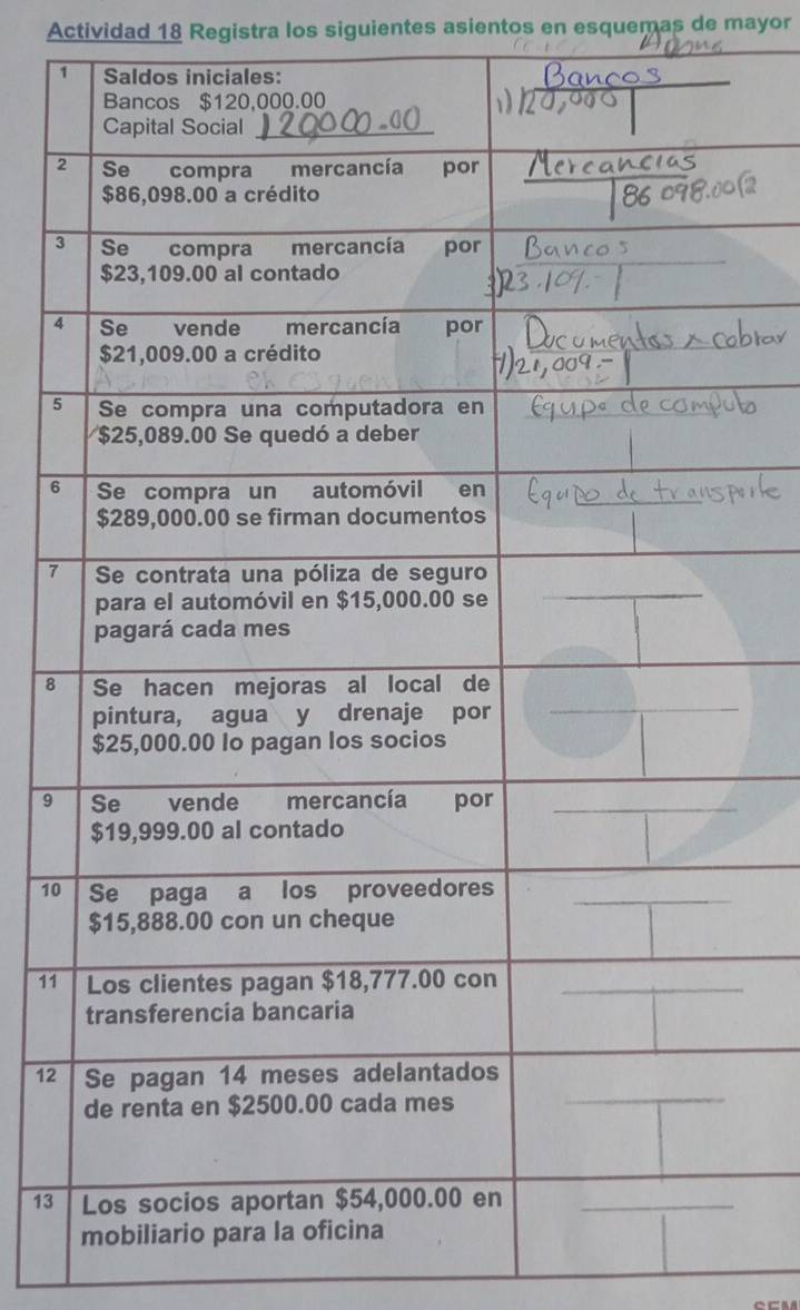 Actividad 18 Registra los siguientes asientos en esquemas de mayor
1
2
3
4
5
6
7
8
9
10
11
12
13