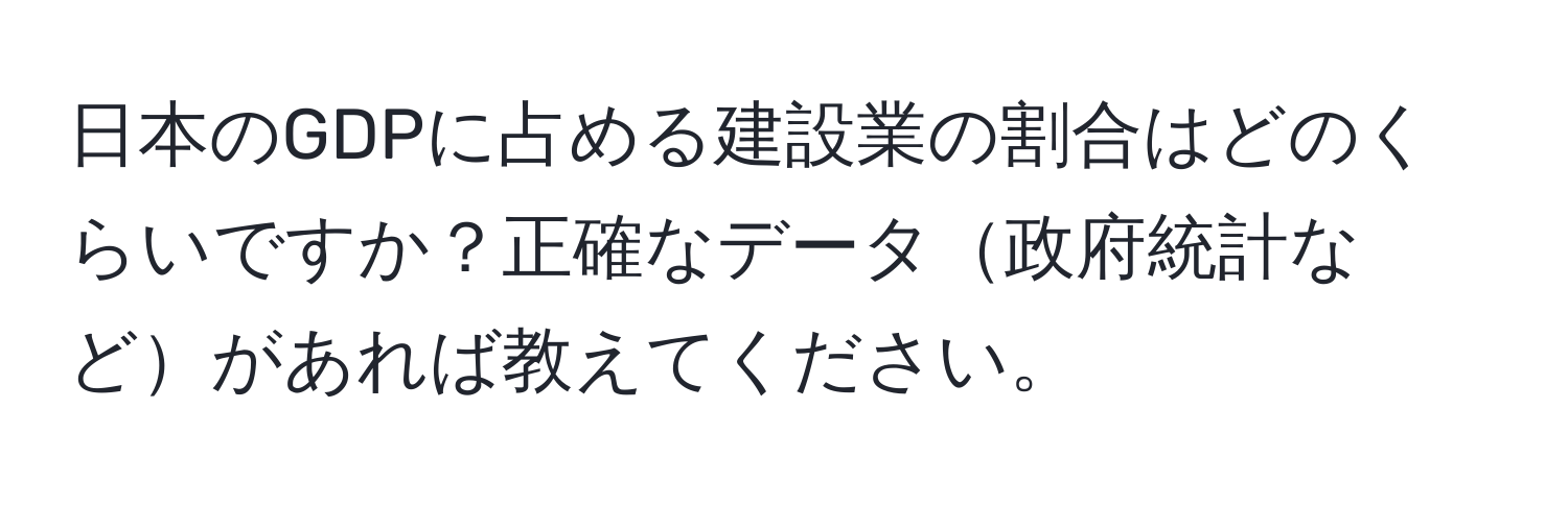 日本のGDPに占める建設業の割合はどのくらいですか？正確なデータ政府統計などがあれば教えてください。