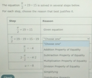 The equation  u/2 +19=15 is solved in several steps below.
For each step, choose the reason that best justifies it.