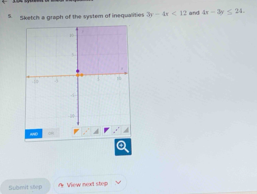 Sketch a graph of the system of inequalities 3y-4x<12</tex> and 4x-3y≤ 24. 
AND OR
Submit step View next step